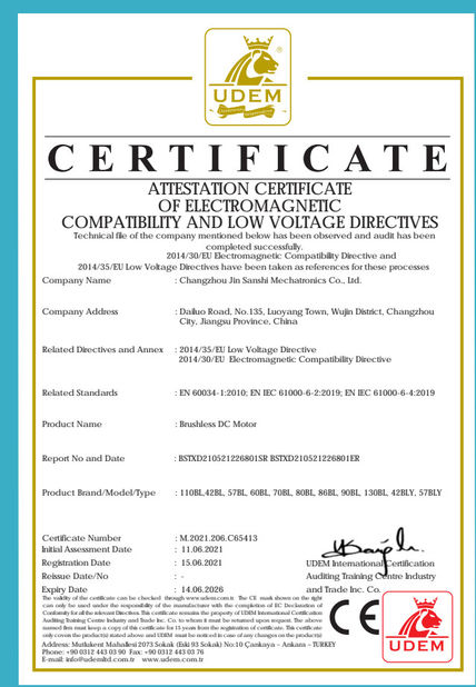 चीन Changzhou Jinsanshi Mechatronics Co., Ltd प्रमाणपत्र